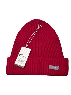 FIGS Red Ribbed Fold-Over Beanie